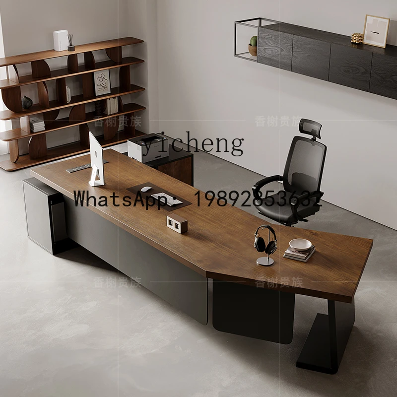 AA high-end solid wood office computer desk simple modern creative special-shaped boss table with side cabinet