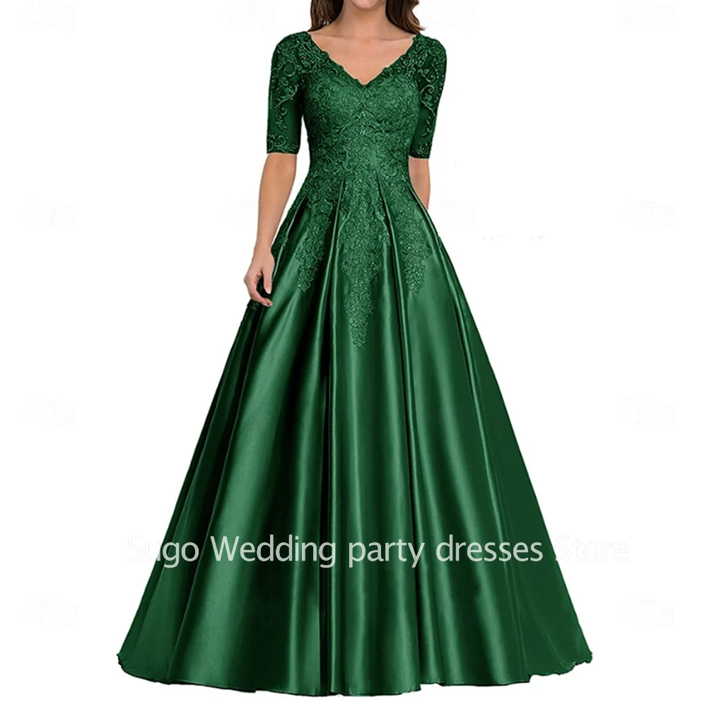 Customized Elegant Beads Long Mother of the Bride Dresses Satin V-Neck Floor-Length A-Line Wedding Guest Party Groom Dress 2025