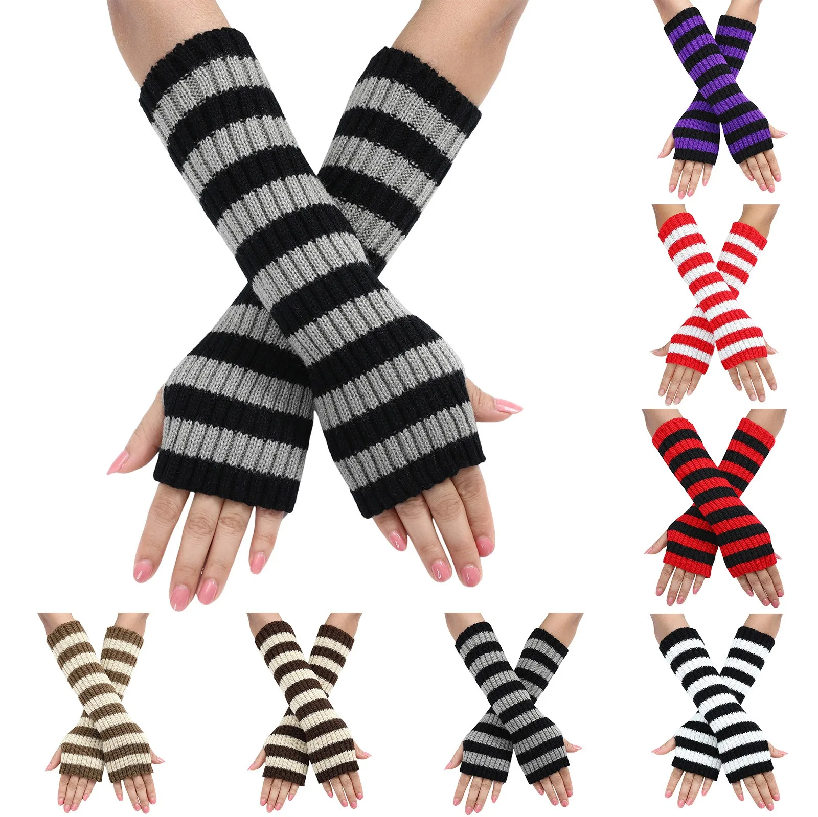 Fingerless Gloves Arm Sleeve Anime Women Fishnet Sports Emo Punk Striped Hand Warmer Mesh Long Gloves Knitted Elbow Mittens Gift