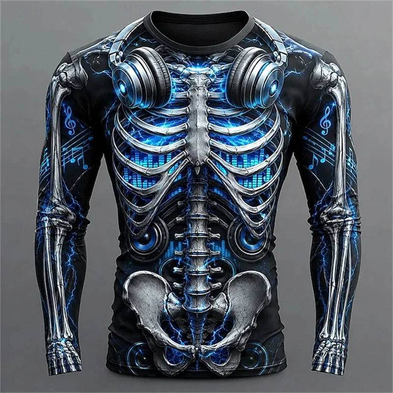 Men's 3D Flame Skeleton Printed T-Shirt - Casual and Fashionable T-Shirt for Halloween Horror Theme Long-Sleeved Top Unisex Y2k