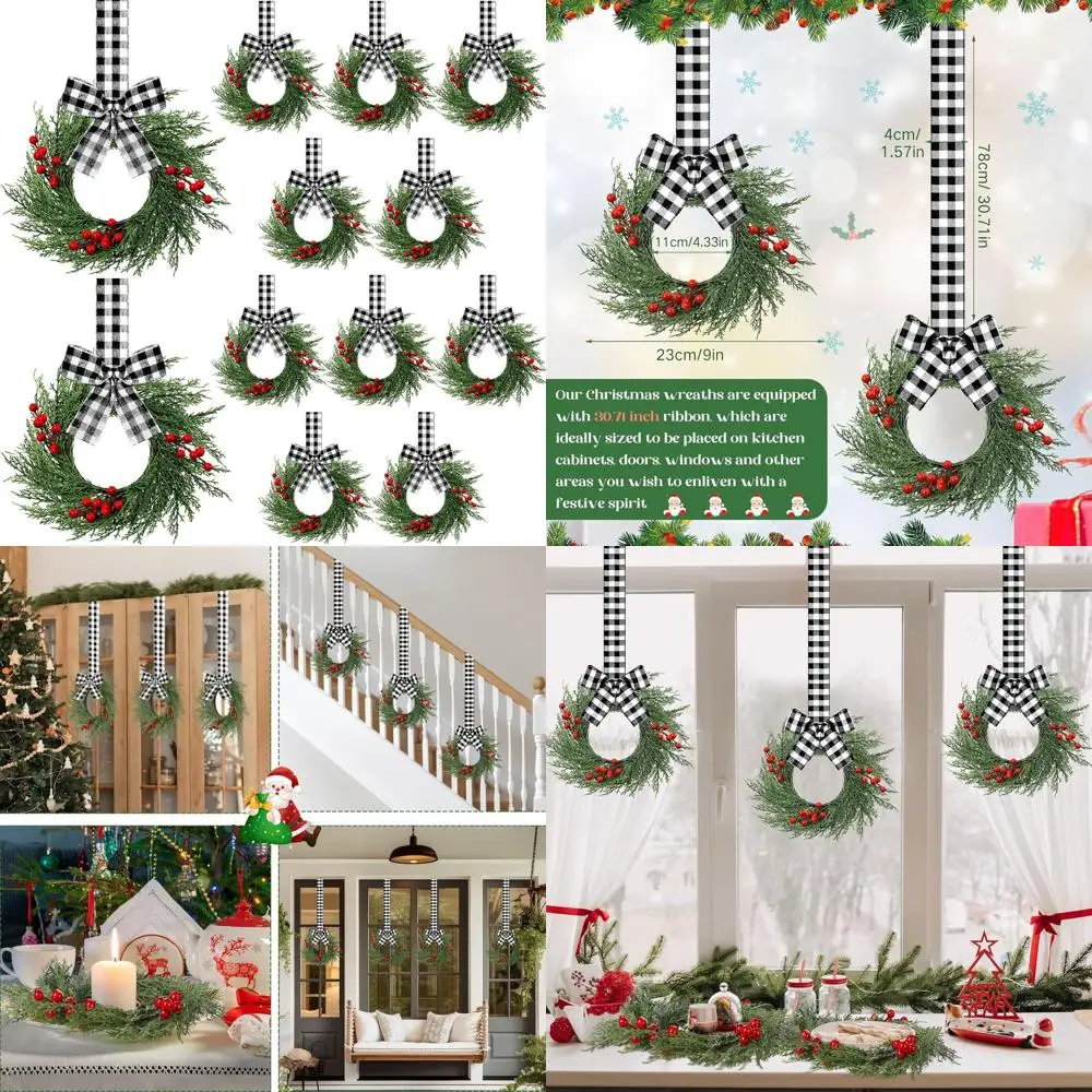 

9 миниатюрных рождественских венков для кухонных шкафов с клетчатой лентой-бантом, искусственная зелень для входной двери, крыльца, стены или окна (черный)
