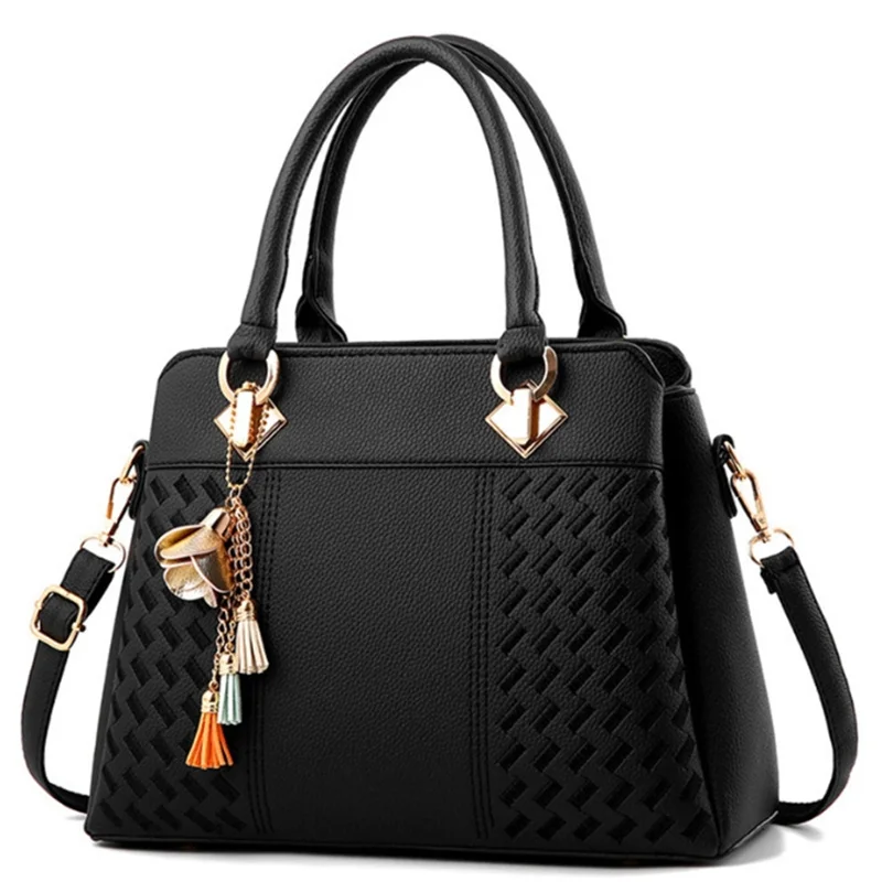 Fashion Black Lady Simple Hand Bags Women Handbags Tassel PU Leather Totes Bag Top-Handle Embroidery Crossbody Bag Shoulder Bag