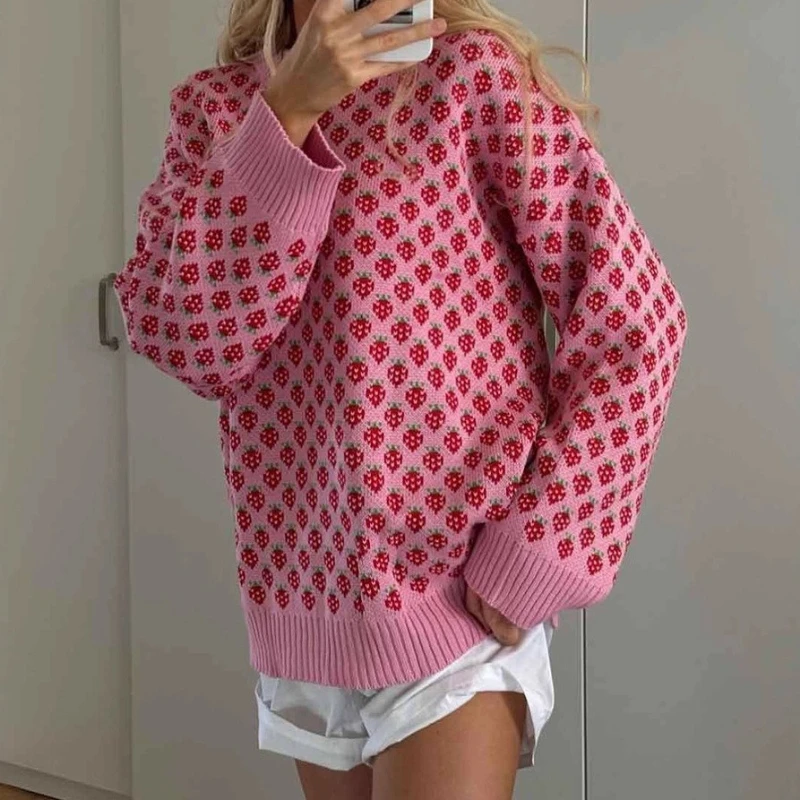

Women's O - Neck Pullover Knit Sweater Loose Fit Soft Strawberry Print Cozy Autumn Winter Casual Pullovers 2025 Jumper Top