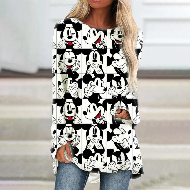 New Streetwear Disney Brand Mickey and Minnie Anime Summer 2022 Women's Casual Crew Neck Loose Long Sleeve T Shirt Kawaii Top