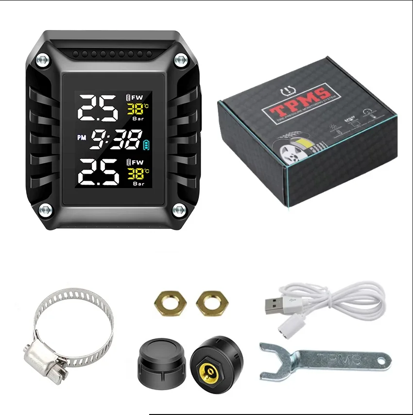 Wireless Motorcycle TPMS Motorbike Tire Pressure Monitoring Tyre Temperature Alarm System with 2 External Sensors Time Display