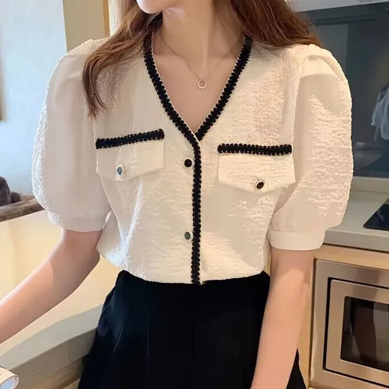 

French Style Elegant Chiffon Shirt for Women, Short Sleeve Blouse, V-Neck, Puff Sleeve, White Tops, Clothes, Summer, New, X33