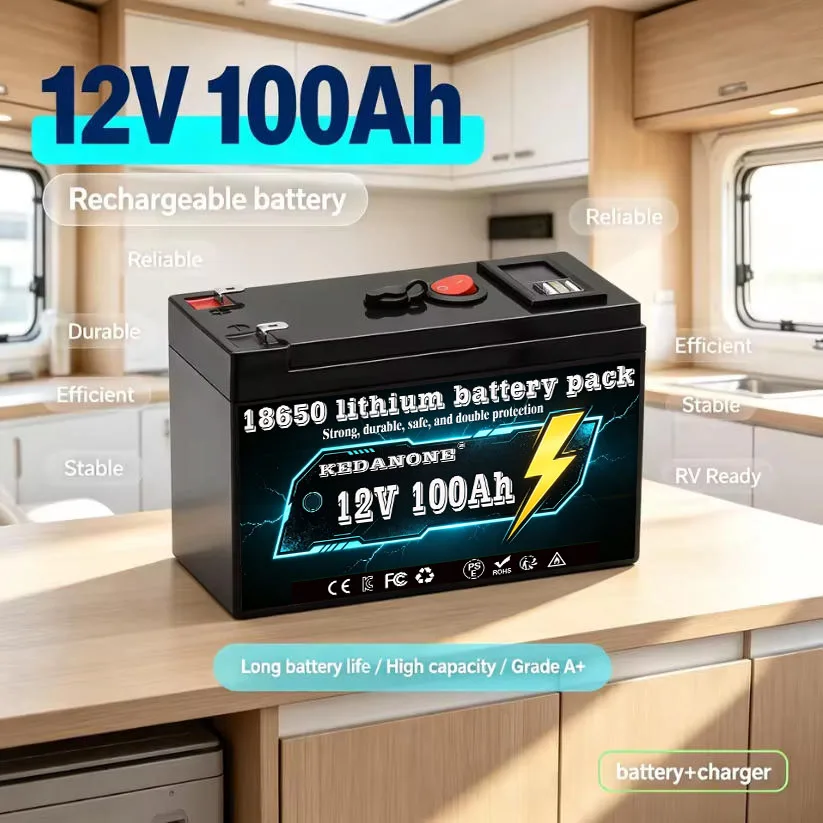 12V Battery 100Ah 18650 Rechargeable LiFePO4 Lithium Battery Built-in 5V 2.1A Usb Power Display Port Charger+12.6V 3A charger