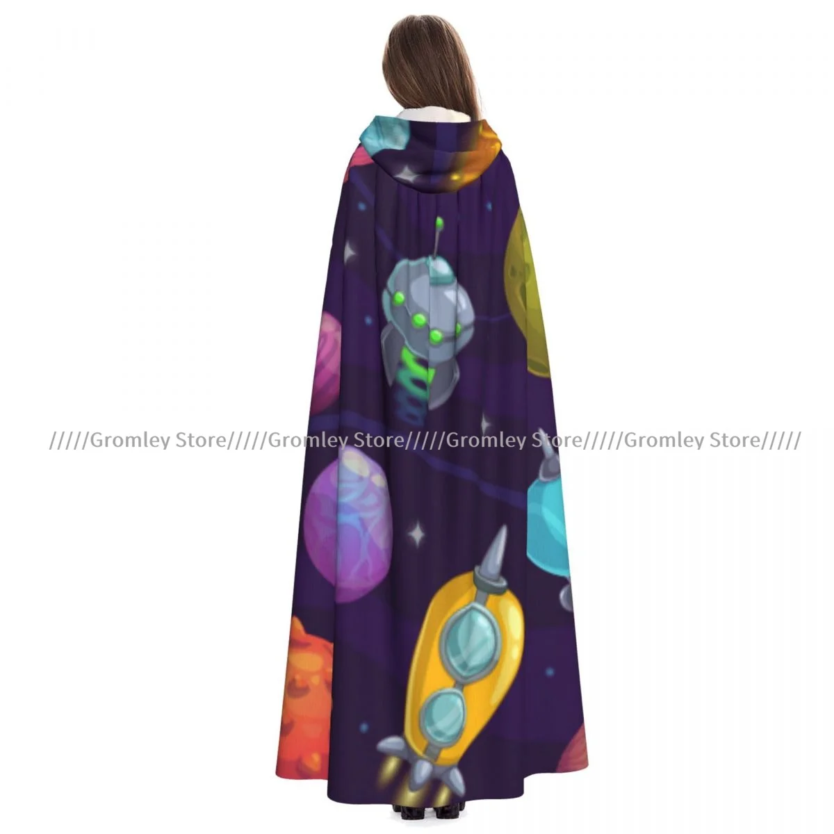 Medieval Halloween Cosplay Cloak Hooded Coat Cartoon Planets And Space Ships Cape Coat Long Trench Costume Wizard Cloak