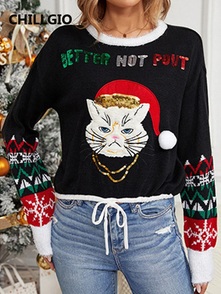 CHILLGIO Women Sequined Cat Christmas Knitted Sweater Fashion Long Sleeves O Neck Party Vintage Elastic Winter Warm Pullovers