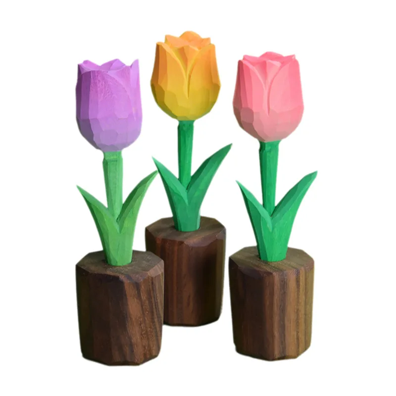 Wooden Flowers Sculpture Tulip Bouquet Shape Ornament Reliable Florals Decorations Handmade Mother Day Gift For Mom Special Mom