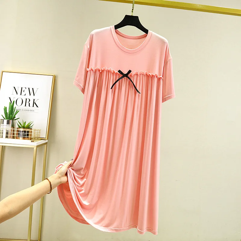 Modal Nightgown Summer Thin Nightdress Short Sleeve Sleepwear Bowknot Round Collar Nightwear Comfortable Women's Home Clothes