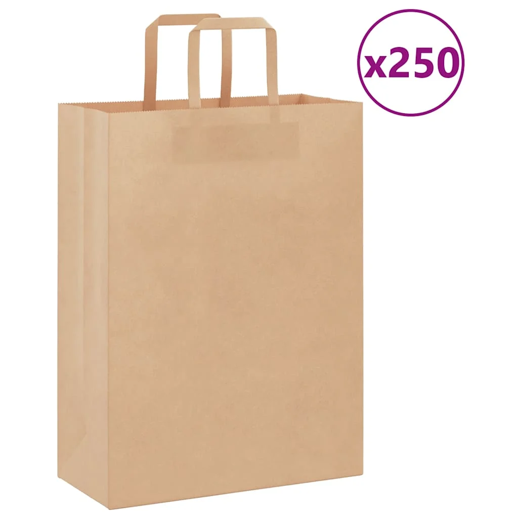 250 Papiertüten mit Griffen, braun, 26x12x35 cm, Geschenkverpackungstüten für Geburtstag, Hochzeit, Party, Dekoration.