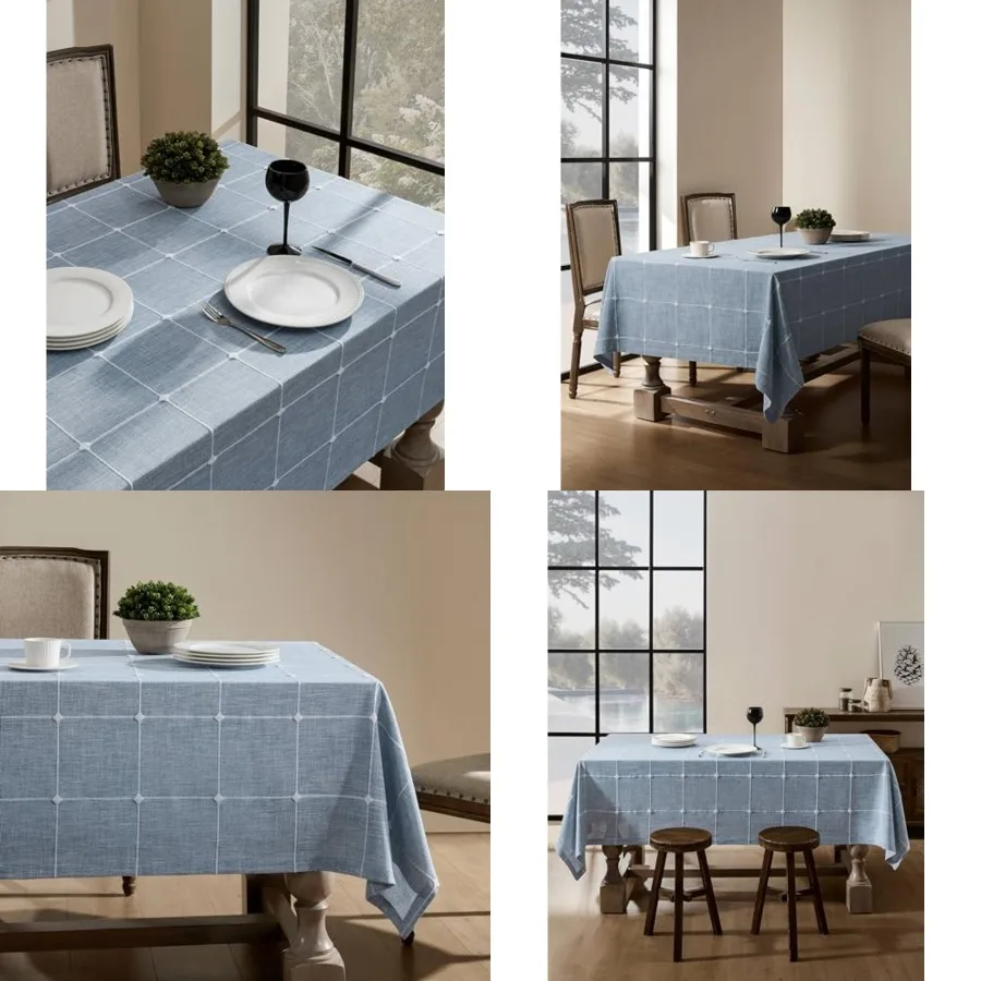 

Grid Embroidered Hemmed Tablecloths, Blue 60x84 Inch, Farmhouse Style Heavy Weight Cotton Linen Dusty Blue Tablecloths, Boho Pl