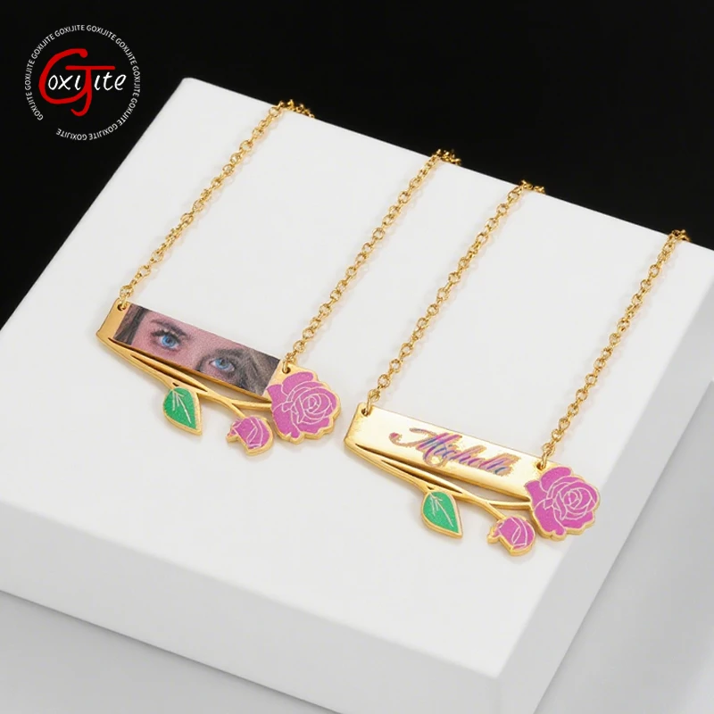 

Goxijite Carving Colorful Eye Photos Necklace Long Strip Stainless Steel Engrave Name Flower Necklaces For Women Jewelry Gift