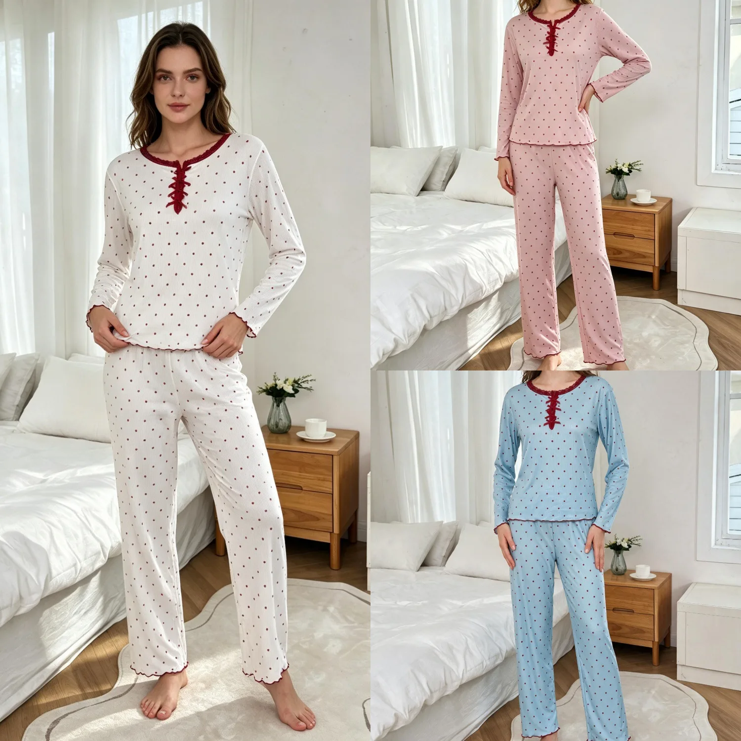 Autumn And Winter New Fashion Pajamas Homewear With Printed Rolled-Edge Long Sleeves And Long Pants, Comfortable Women's Set