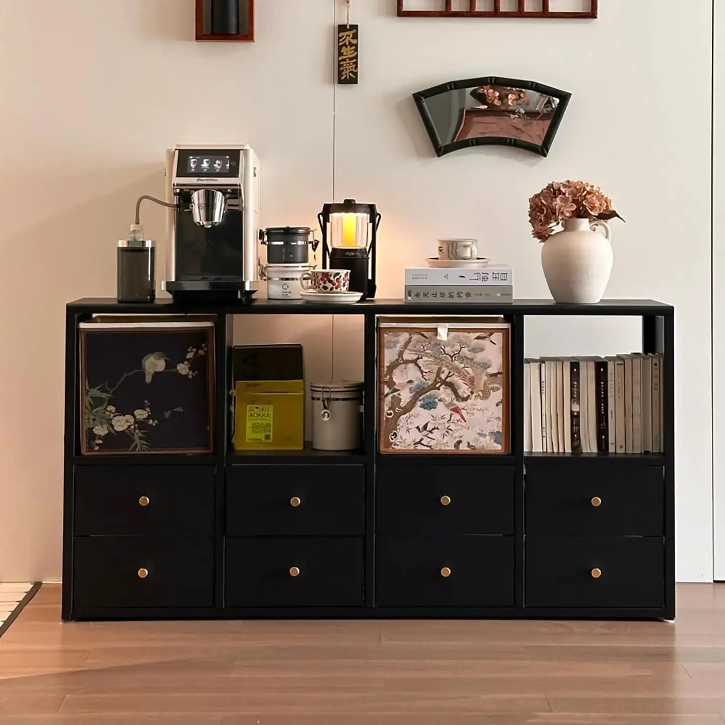 Solid wood bookcase dining side cabinet living room coffee cabinet household simple bookshelf storage locker integrated