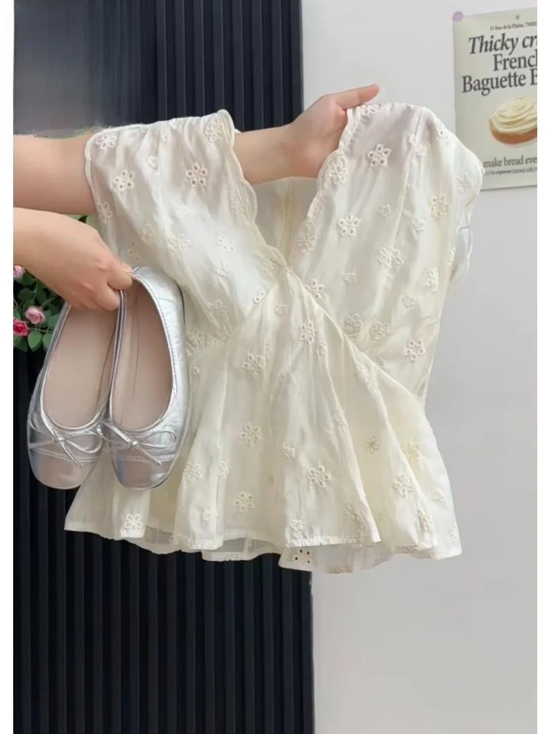 

French Style Embroidered Hollow out Fly Sleeve Shirt Women's Summer 2026 New Waist Cinched V Neck Top Cotton Polyester Blend