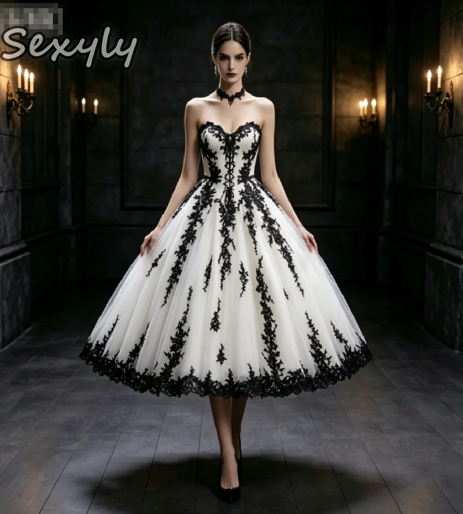 Sexy 1950s Tea Length Gothic Wedding Dress A Line Sweetheart Tulle Black Lace Beach Bridal Gowns Vintage Celtic Bohemian Garden