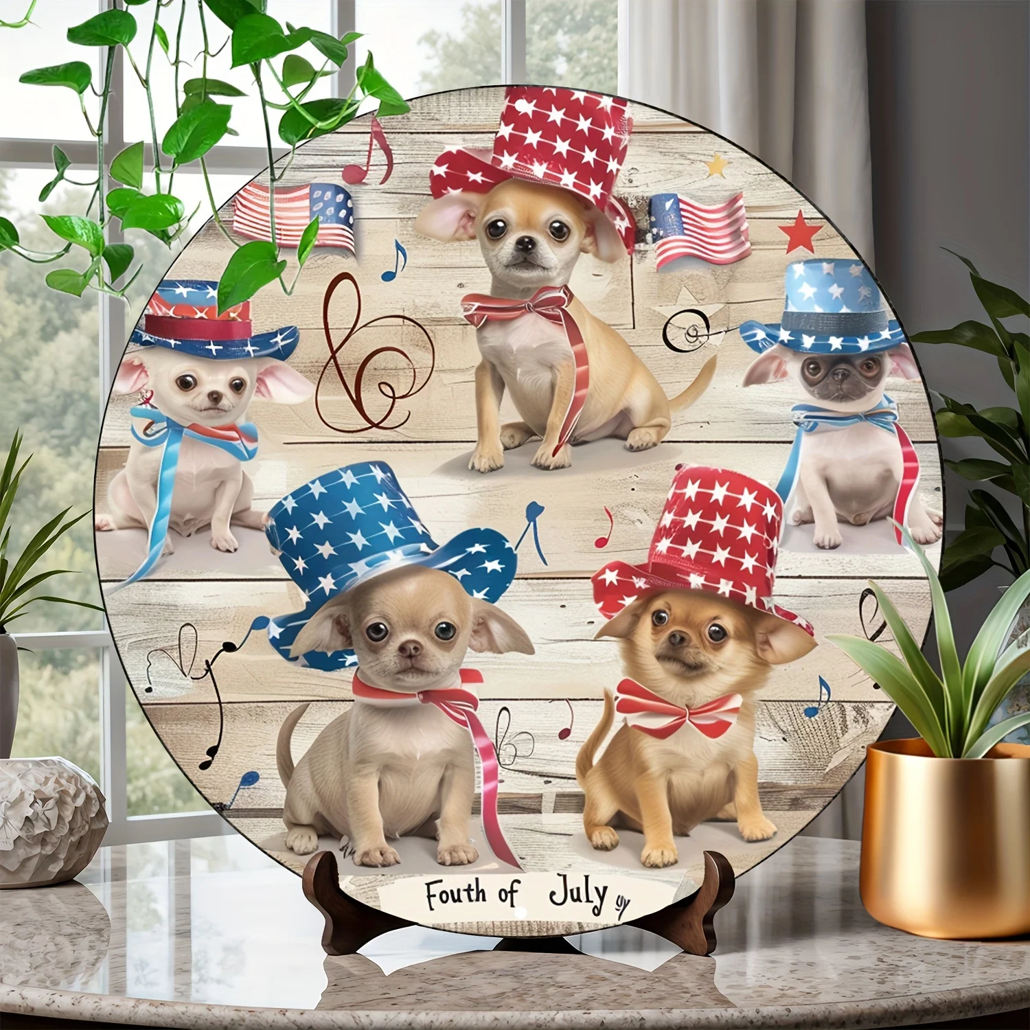 1pc Round Aluminum 8x8 Inch Patriotic Chihuahua Independence Day Sign - Waterproof Garage, Bathroom Wall Art