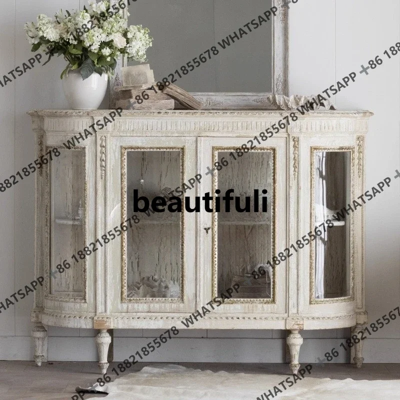 

American country French retro old carved porch cabinet solid wood living room, decoration, locker H