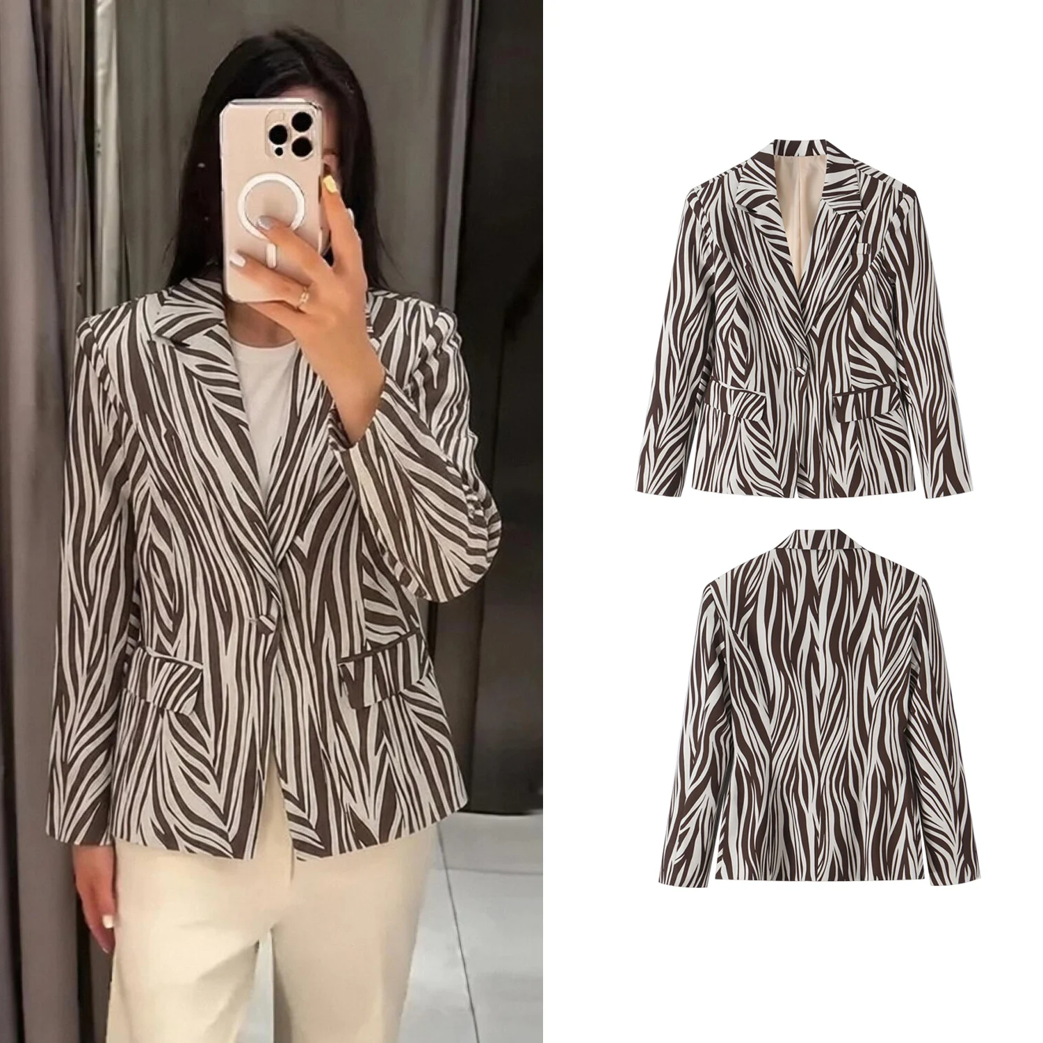 Women's Blazer Jacket Spring Autumn Female Chic Zebra Print Single Button Blazer Lady Fashion Slim Long Sleeve Streetwear Jacket