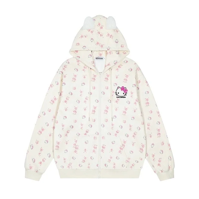 Hello Kitty Cartoon Zipper Hoodie Women\'s Autumn And Winter Casual Loose Large Jacket Cute Anime Cotton Versatile Girl Clothing