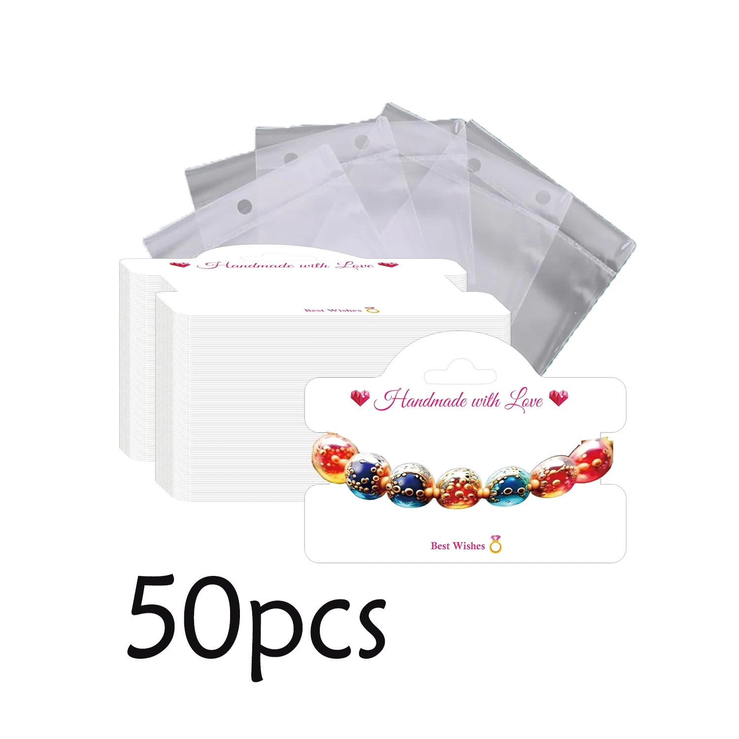 50Set Bracelet Packaging for Small Business Jewelry Display Cards with Clear Bags Handmade with Love Earrings Showing Tags