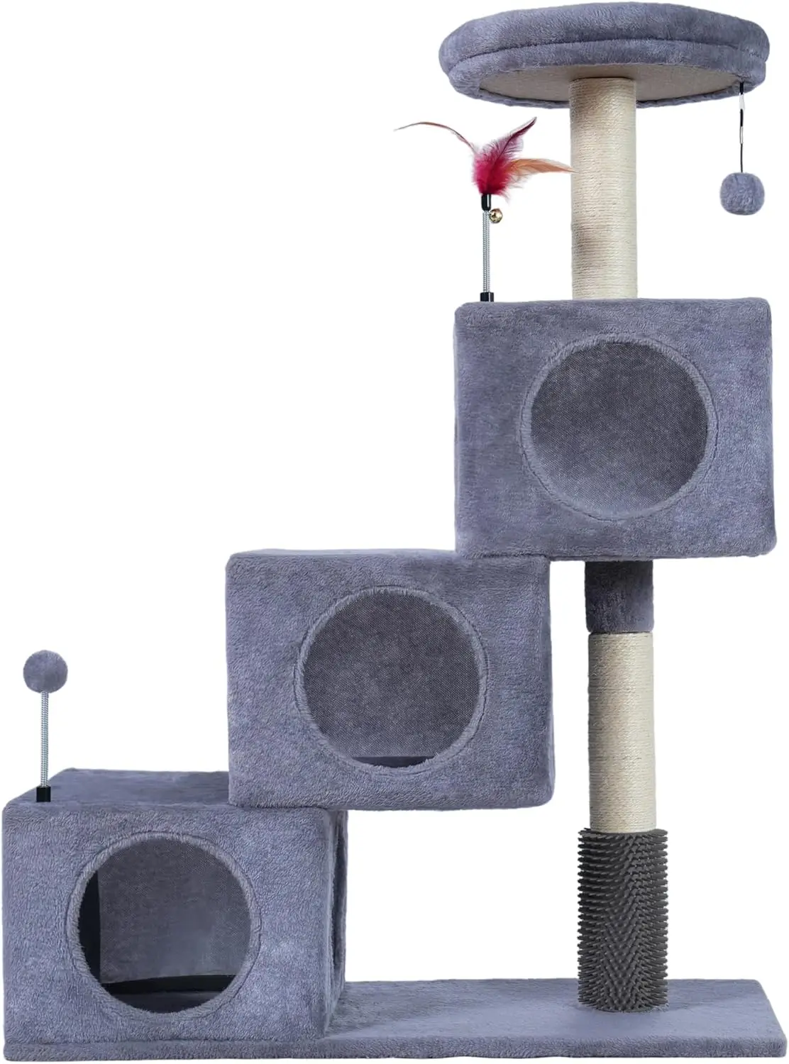 

Кошачьи игровые комплексы с тремя домиками-когтеточками и игрушками для кошек, серые