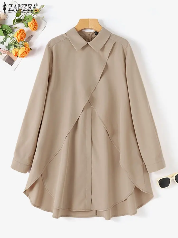 Fashion Long Shirts ZANZEA Women Autumn Blouse Casual Spring Long Sleeve Lapel Neck Shirt Solid Color Tunic Tops Female Blusas