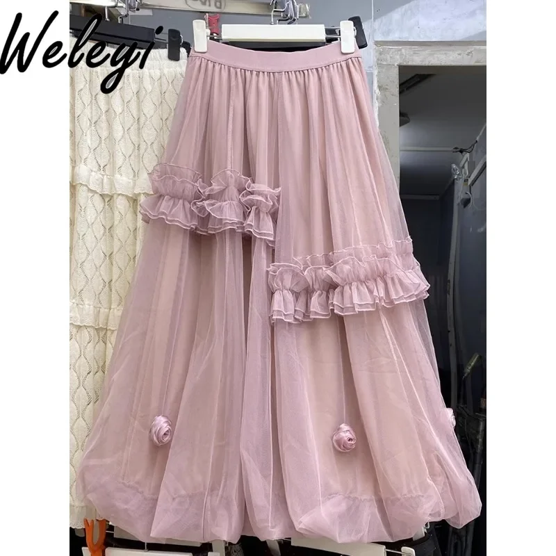 

Princess Pink Mesh Bud Skirt for Women 2024 Autumn and Winter Sweet Girl Fairy Three-dimensional Flower Mid-length Guaze Skirts