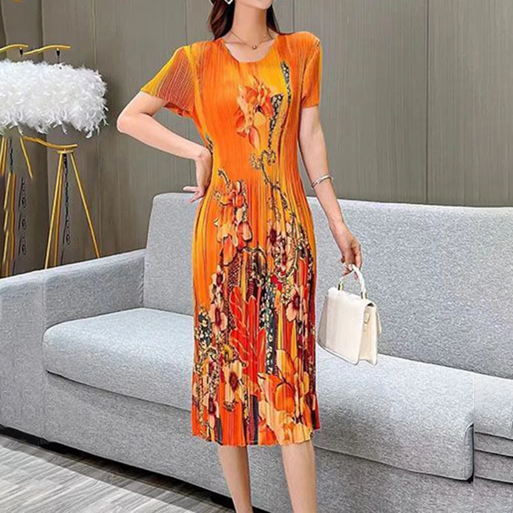 ファッション 薄手 半袖 伸縮性 Aラインスカート プリントプリーツ 新作ワンピース レディース服 夏 薄手 丸首