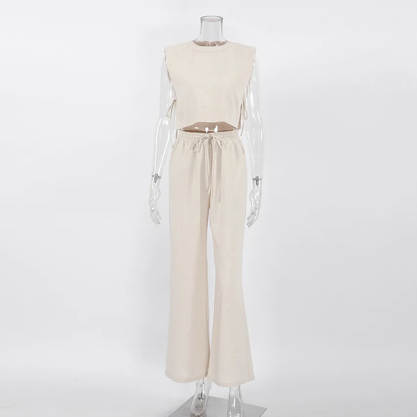 Summer Khaki Linen Pants Sets Women 2 Piece Fashion Sexy Lace-Up Crop Tops Vacation Elastic Waist Loose Long Pants Suits
