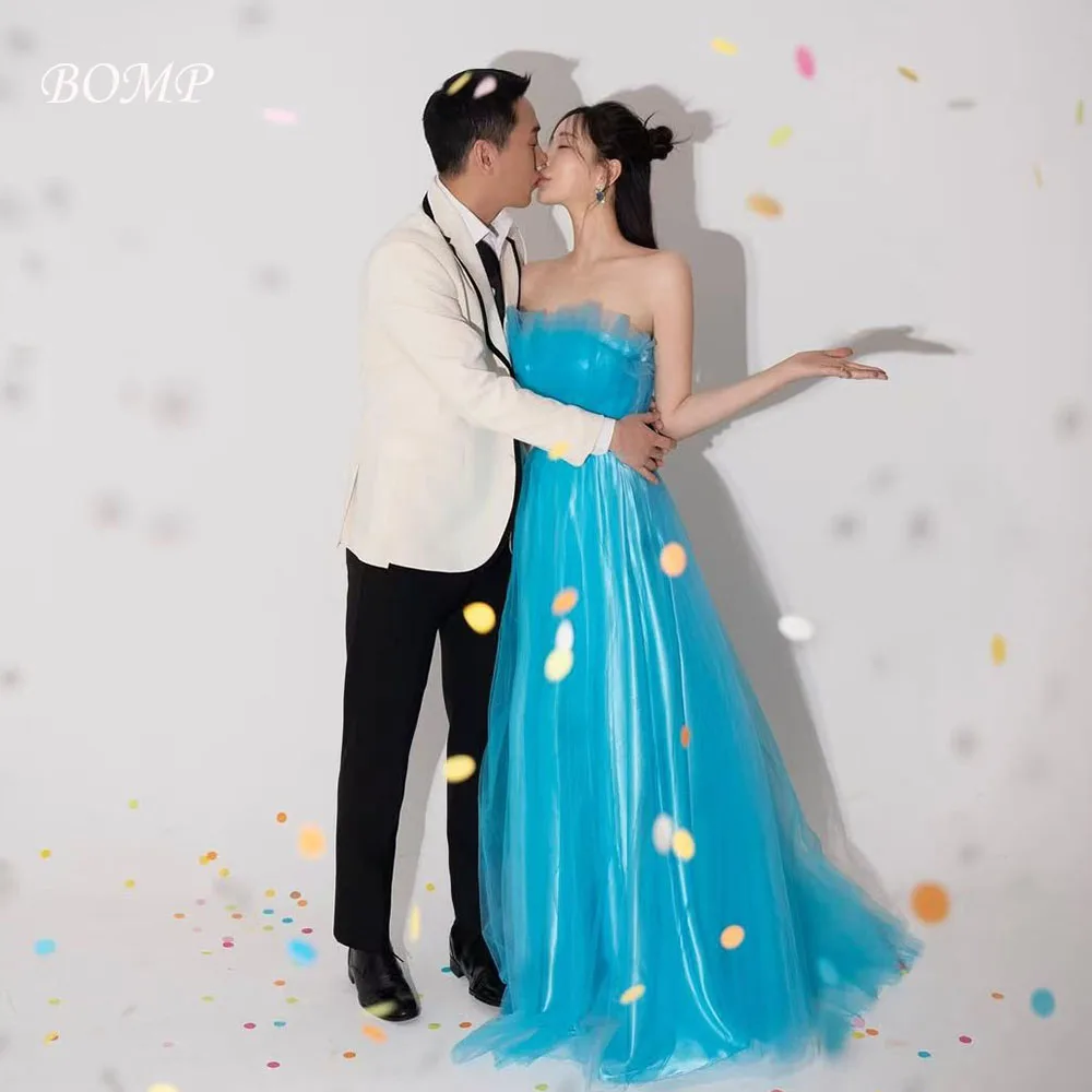 

BOMP Elegant Shiny Blue Wedding Party Dress Strapless Draped A-Line Korea Photo Shoot Bridal Reception Gown Customized Classic