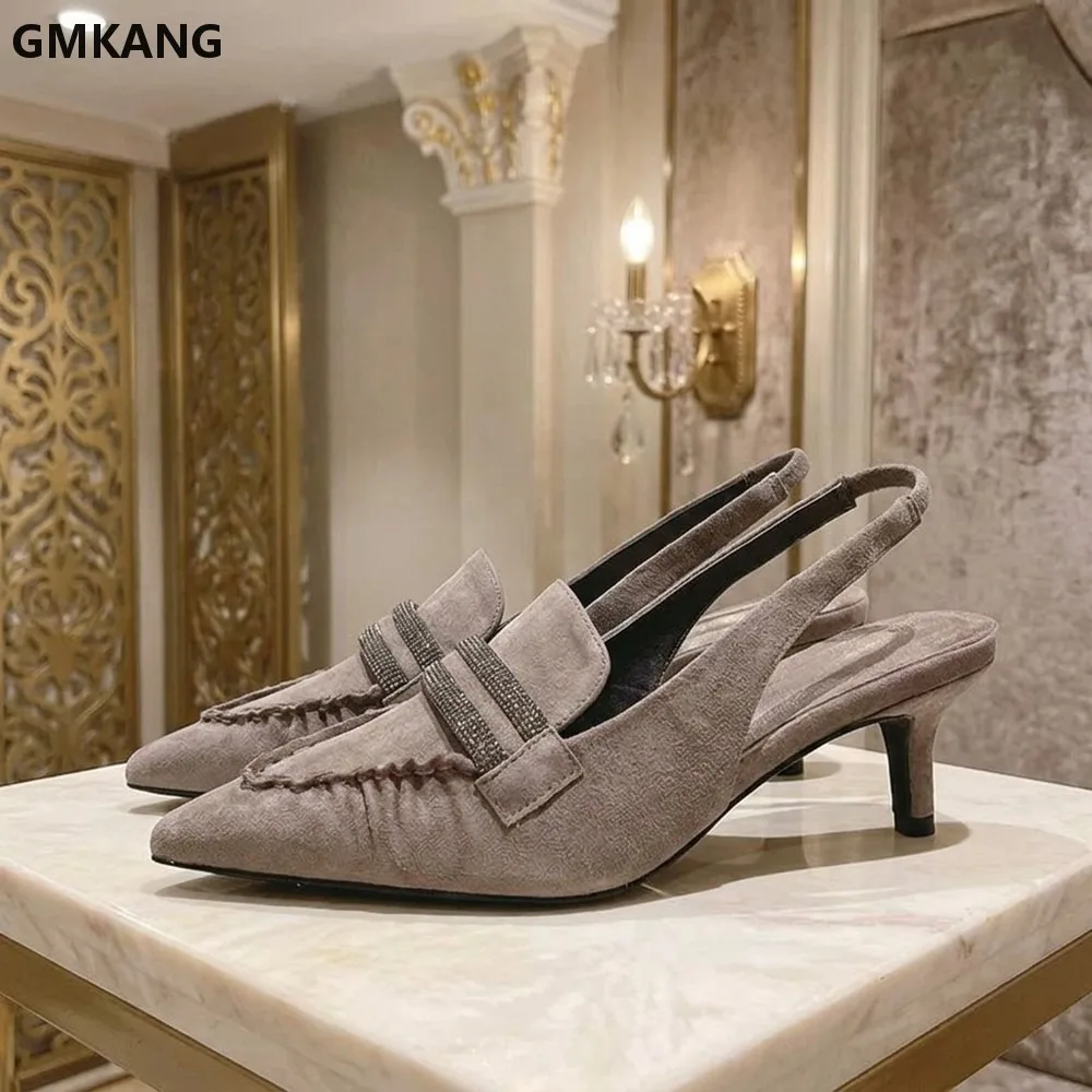 Women's Kitten Heels Pointed Toe Slingback Pumps, Suede Leather Summer Sandals with Chain Bead Ankle Strap, Elegant