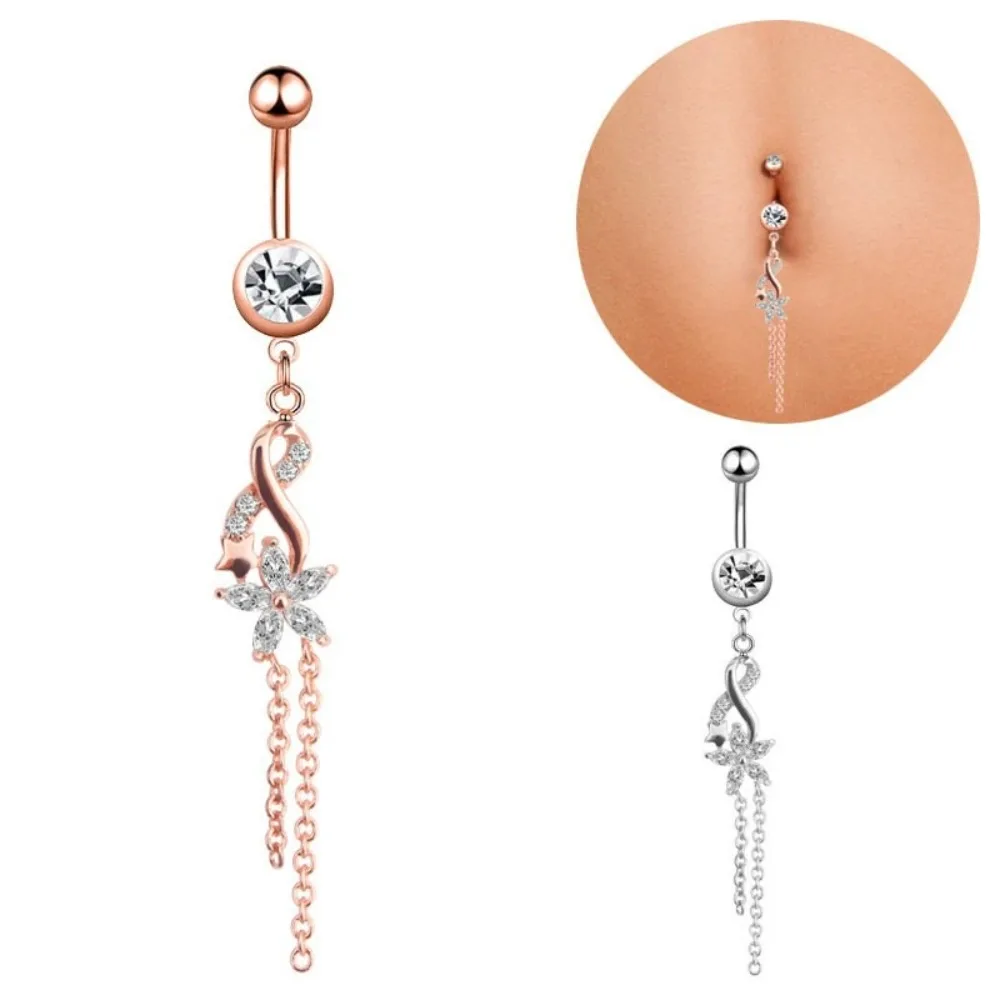 Stainless Steel Zircon Navel Ring Long Short Chain Penant Body Accessory Jewellery Gold Silver Rose Gold Decoration Ornament