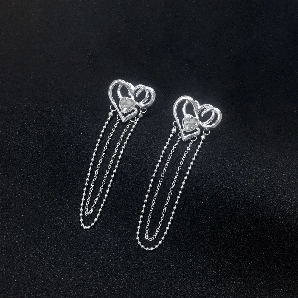Lovely Silver Color Plating Chain Tassel Hollow Heart Clear Gem Decorated Stud Earrings For Women Girl Cute Romantic Jewelry