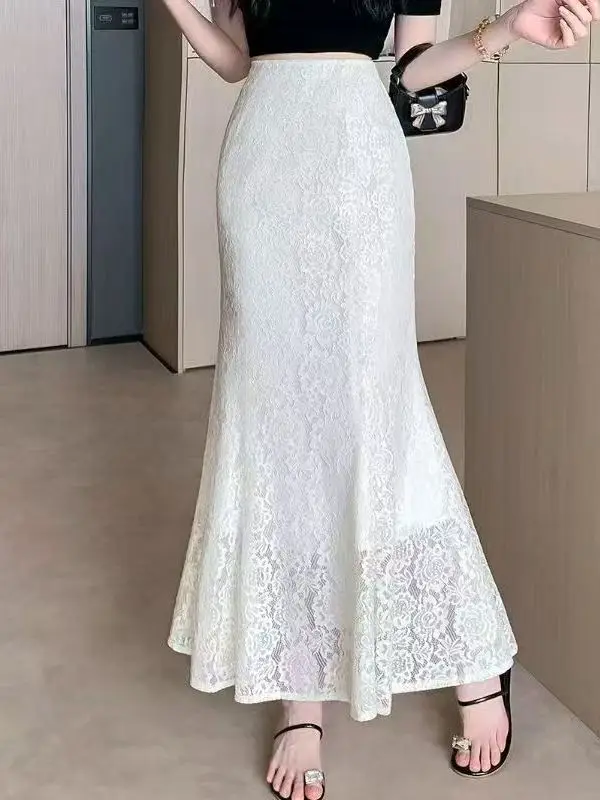 Lace Fish Tail Skirt High Waist Slimming Half Body Summer Hollow out Women's Versatile Draped Long Pure Desire Style Skirt