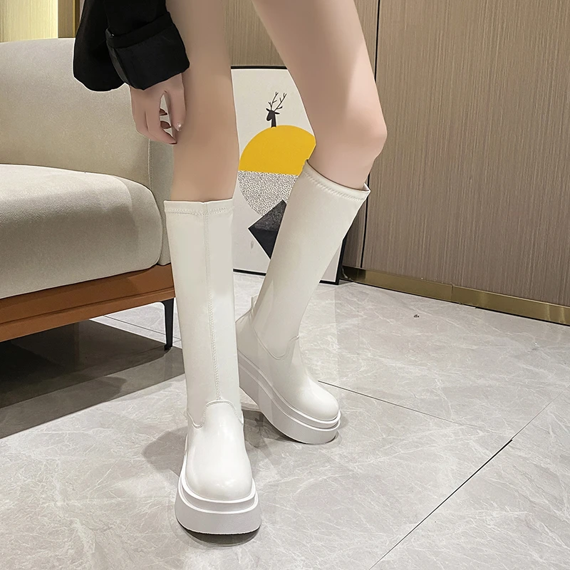 High Quality Stretchy Slip-on Platform Boots Spring Autumn Commuter Fashion Black Long Women Boots for Women Zapatos De Mujer