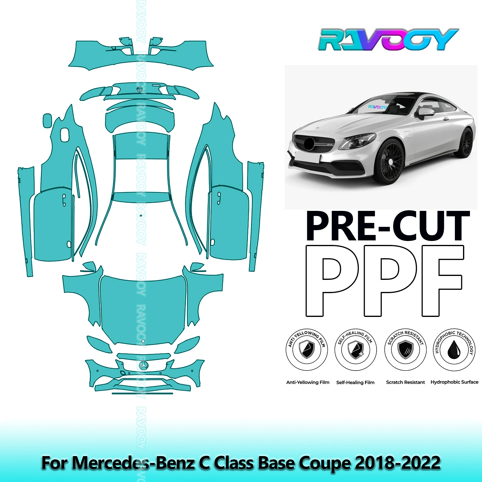 RAVOOY Custom-Fit Precut TPU PPF Full Vehicle Clear Bra Stone Guard EU UK For Mercedes-Benz C Class Base Coupe 2018-2022