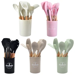 12Pcs Kitchen Utensil Set Cooking Tools Kit Wooden Handle Heat-Resistant Cookware Spatula Spoon Brush Whisk Kitchen Supplies