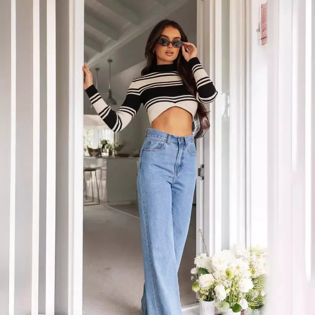 Jeans Donna Denim Pantaloni a gamba larga Pantaloni vintage a vita alta Streetwear Lunghezza pavimento femminile Tasche effetto lavato 2025