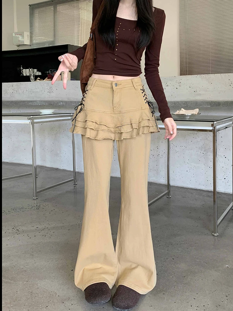 REDDACHiC Tiered Ruffle Skirt Stitch Women Jeans Khaki Vintage Fake Two-piece High Waist Pockets Bootcut Pants Korean Streetwear