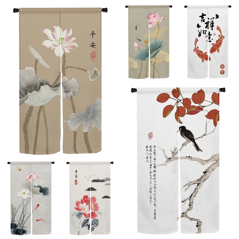 

Японская разделенная подвесная дверная занавеска с принтом кои, перегородка для кухни, спальни, ресторана, украшение для входа, занавески, льняные шторы