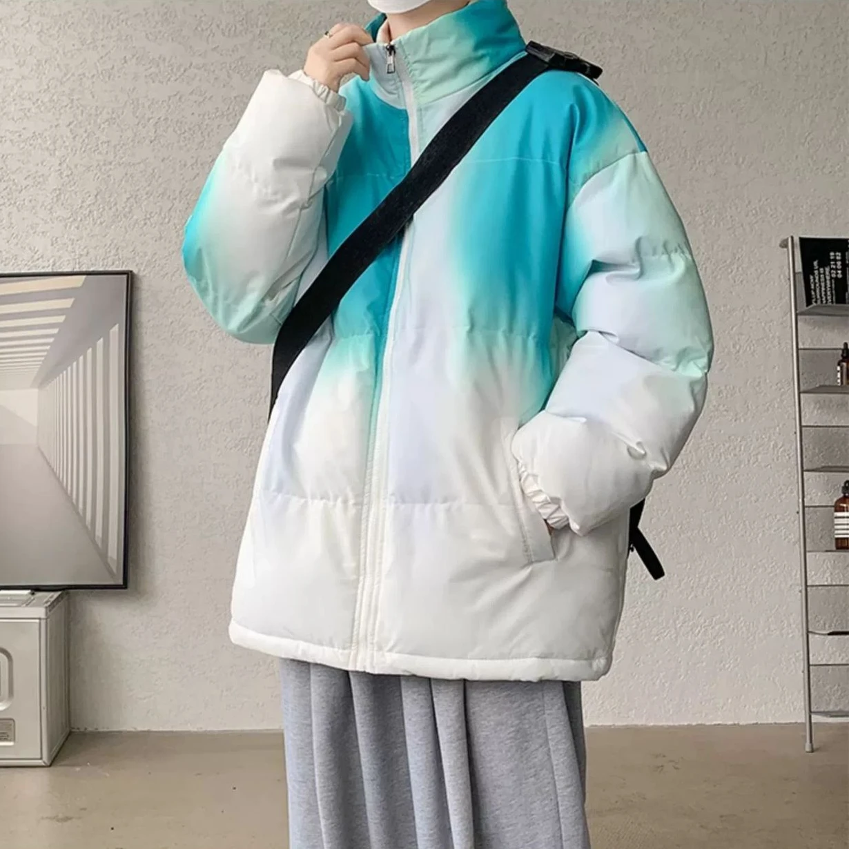 Tie-Dye Parkas Männer lose Farbverlauf Farbe amerikanischen Stil ins Winter warm trend ige stilvolle Slouchy Fitness Stand ästhetische Streetwear