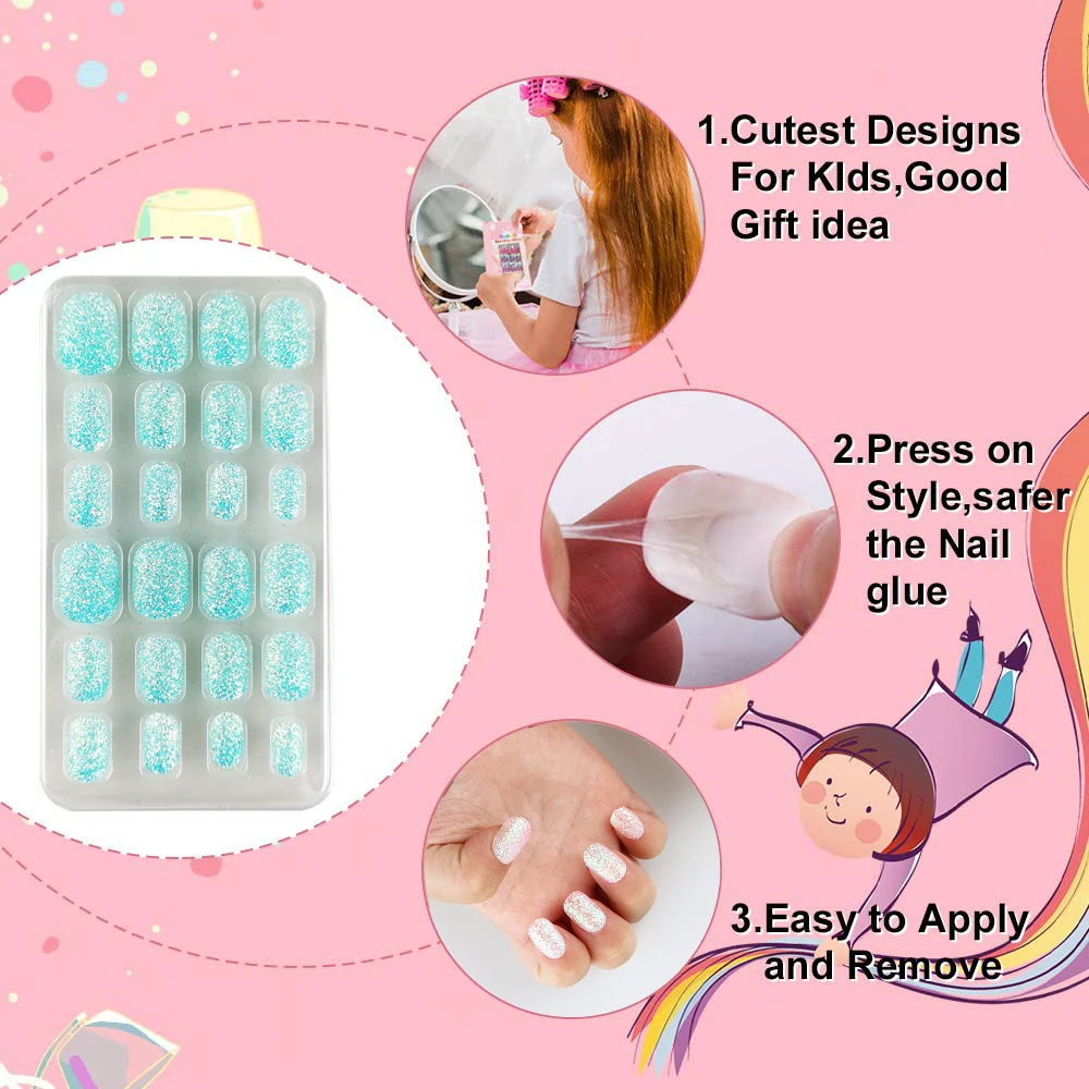 24 Pcs Blue Kids Press on Nails Pre-glue Children False Nails Stick on Short Holo Pink Glitter Full Cover Artificial Fake Nails