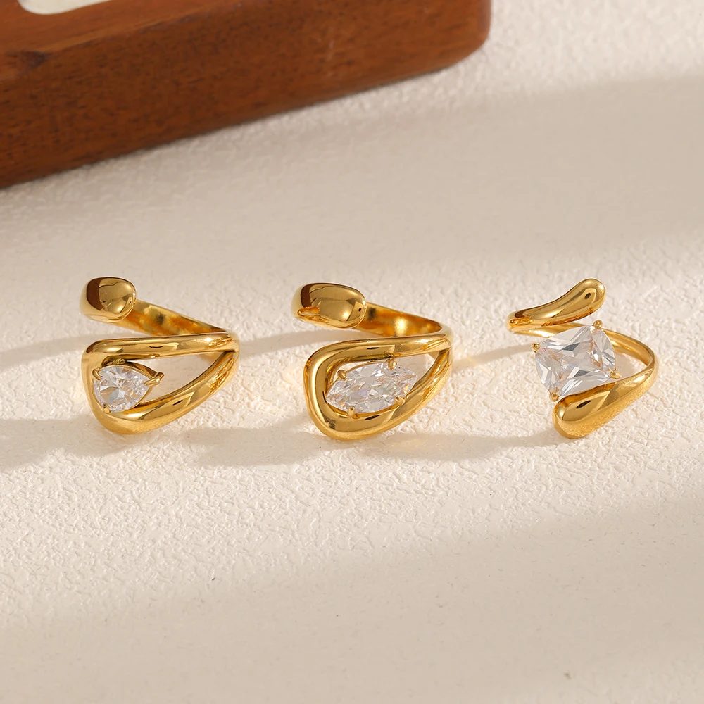 Modische Edelstahlringe mit eingelegten, tropfenförmigen großen Zirkonen für Damen, hochwertige Schmuck-Eheringe – Detail 3