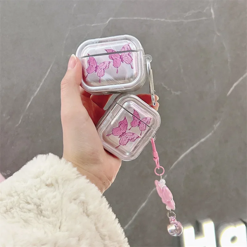 Funda con colgante de mariposa rosa para AirPods 4, Airpod 1, 2, 3 Pro Pro2, auriculares Bluetooth, caja de carga, funda protectora para auriculares
