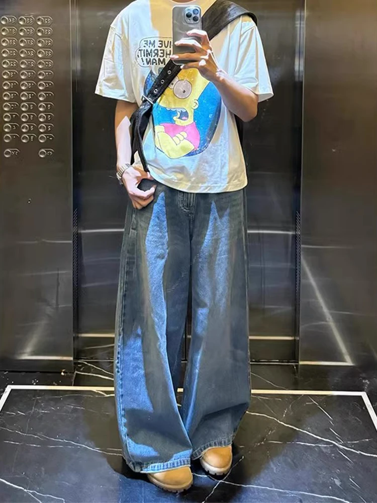 

Oversize Men's Jeans Summer Thin Blue Denim Loose Straight Leg Cleanfit Drapey Floor-Length Trousers Low Waist Zipper Closure