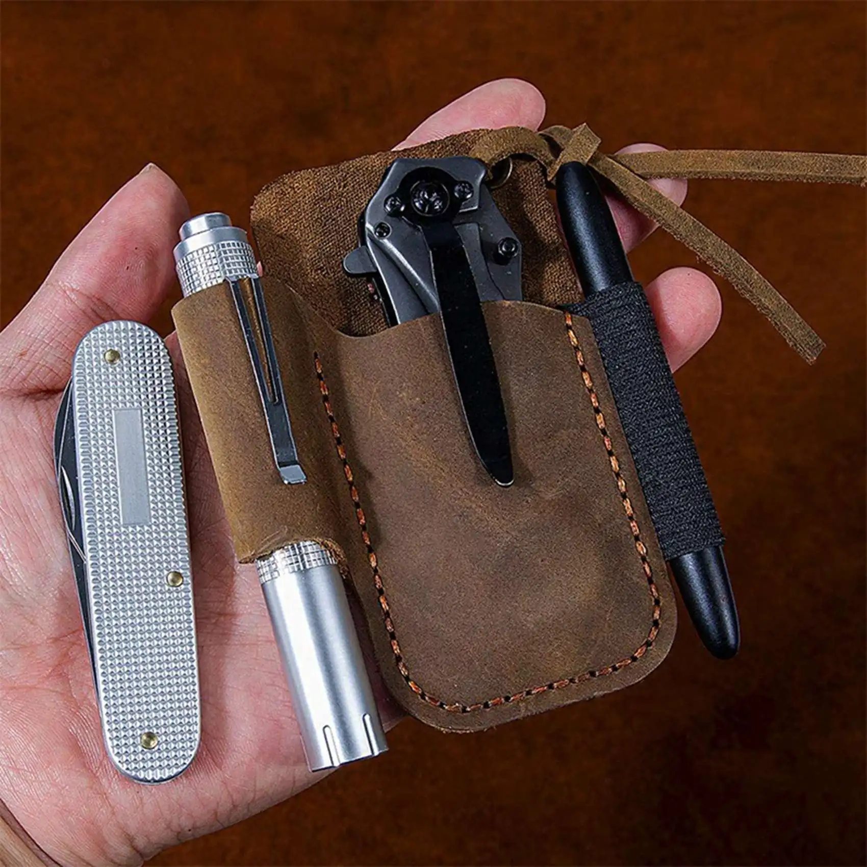 ABRW-2X Handmade Leather Sheath Folding Knife Flashlight Holder EDC Tool Brown