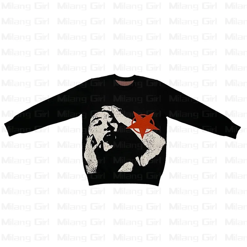 American winter O-neck face star graphic thick Knitted man and woman Sweaters Women Fashion long Sleeve Pullover y2k clothes top